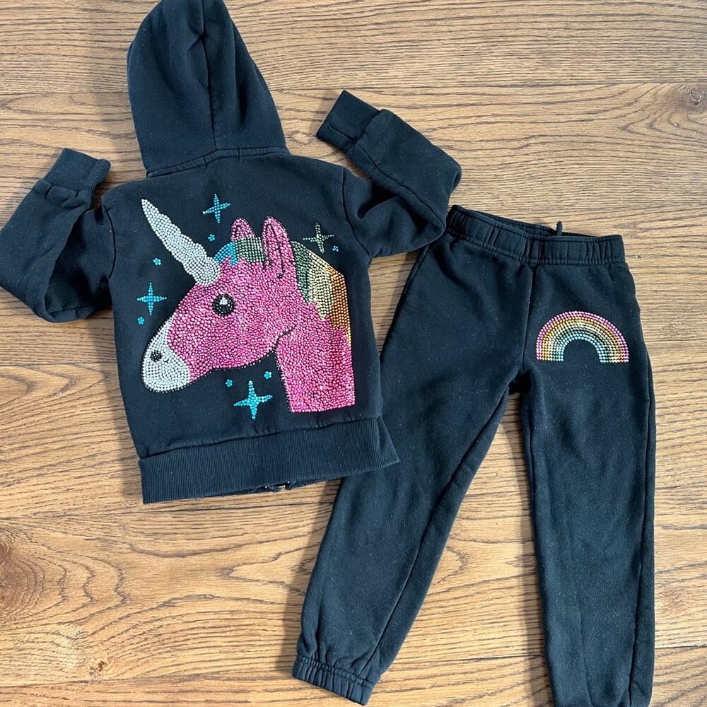 Butter Super Soft Little Girls Unicorn Hoodie Joggers Black Sz XS 3/4